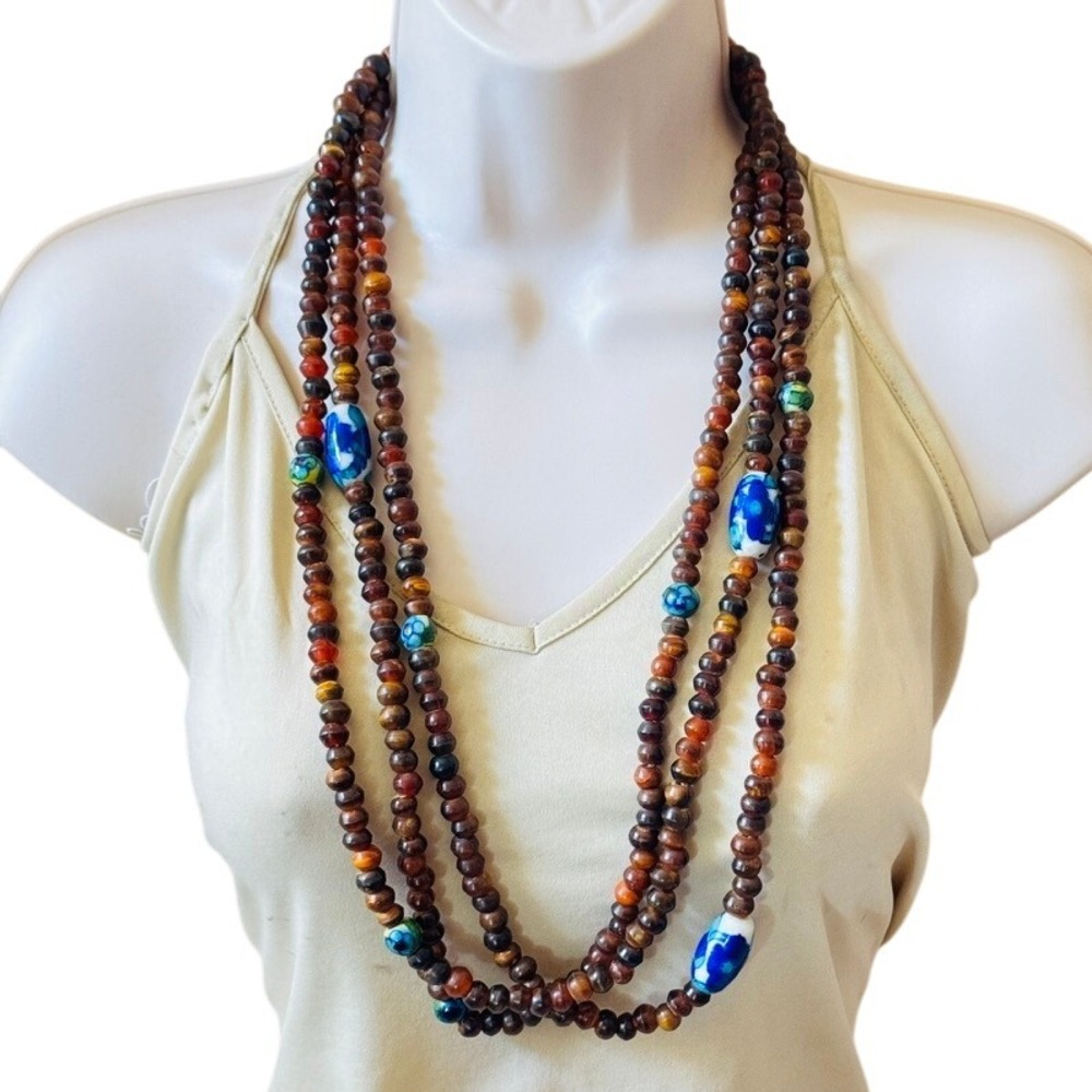 VTG Oriental beaded Ceramic Painted beads‎ necklace Boho Beads Multi Strand 30"L